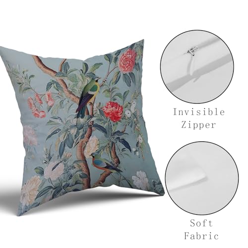 Chinoiserie Pillow Cover 18x18 Inch Blue Gray Vintage Bird Floral Throw Pillow Covers Farmhouse Flower Decorative Outdoor Pillowcase Cotton Square Cushion Cover for Couch Sofa Bed Decor (Pack of 2) - color: Blue Gray, size: 18" x 18" (Pack of 2)