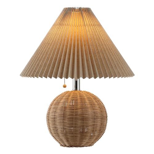 JONATHAN Y 17.25" Natural/Chrome/Dark Beige Sphere Table Lamp, Mid-Century Bedside Nightstand with Beige Pleated Linen Shade, Scandinavian Coastal Style, LED Bulb Included (JYL1145C) - color: Natural