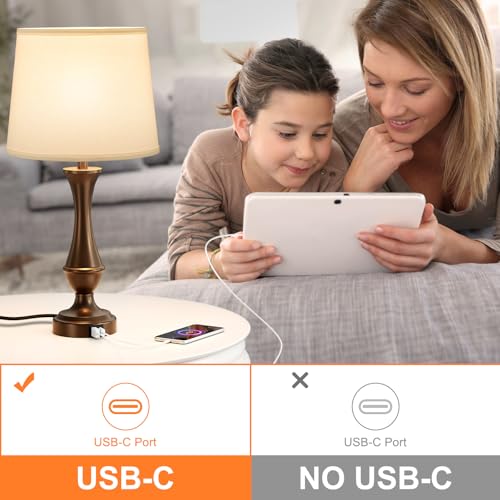 Seealle Upgraded Touch Lamps for Night Stands Set of 2 - Bedside Lamps with USB C+A, 3 Way Dimmable for Bedroom Living Room End Tables Office (White&Brown) - color: E. White Shade & Brown Base, size: Medium（22 In）