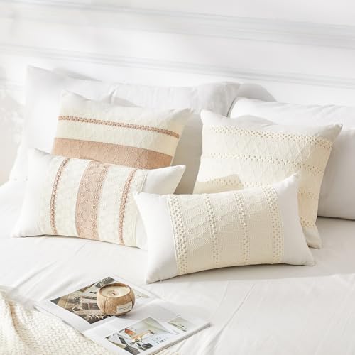 Throw Pillow Covers Set of 2 12x20 Inch Boho Pillow Covers, Soft Lumbar Neutral Cotton White Decorative Case for Couch Sofa Bed Living Room, Home Modern Woven Farmhouse Cute Decor - color: White, size: 20" x 12" (Pack of 2)