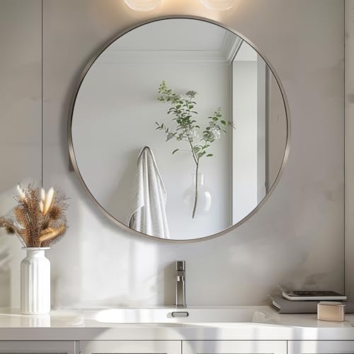 Sunniry Silver Round Mirror 18 inch, Silver Circle Mirror, Circle Bathroom Mirrors Metal Frame, Round Mirrors for Wall, Bathroom, Vanity, Bedroom. - color: Silver, size: 18"L x 18"W