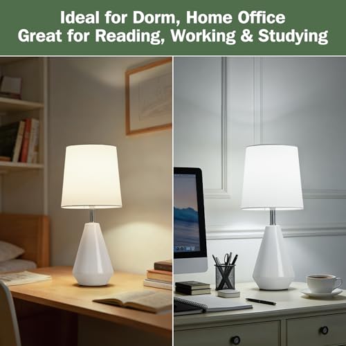 Small Bedside Table Lamp for Bedroom - Reading Desk Lamp with 3 Color Temperatures，15.5" Nightstand Ceramic Lamp with Fabric Shade for Kids Room,Living Room,Dorm,Home Office (White) - color: Milky White, size: 15.5"