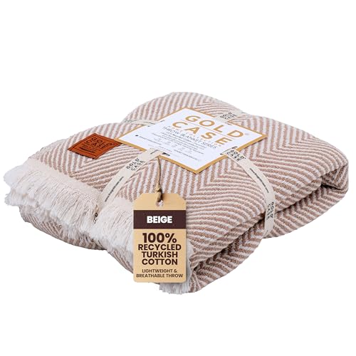 Gold Case Throw Blanket for Couch – 100% Recycled Turkish Cotton Blankets & Throws – Elegant Decorative Throw Blankets for Living Room Sofa – Woven Throws for Couch – Elegant Beige – 50x60 - color: Elegant Beige, size: 50x60"