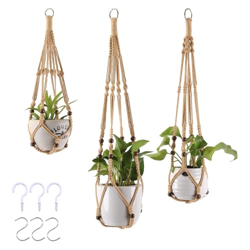 3-Pack Macrame Plant Hanger Indoor - Hanging Planter Basket for Indoor Outdoor - Decorative Boho Plant Holders Set with Beads - Ceiling Flower Pot Holder with 6 Hooks - 35"/30"/24" Linen - color: Linen