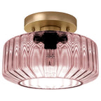 Pink Ribbed Glass Flush Mount Ceiling Light, 8.66" Modern Gold 1-Light Semi-Flush Mount Light Fixture, Mid-Century Round Ceiling Lamp for Bedroom Bathroom Hallway Entryway - color: Small, 8.66" Pink