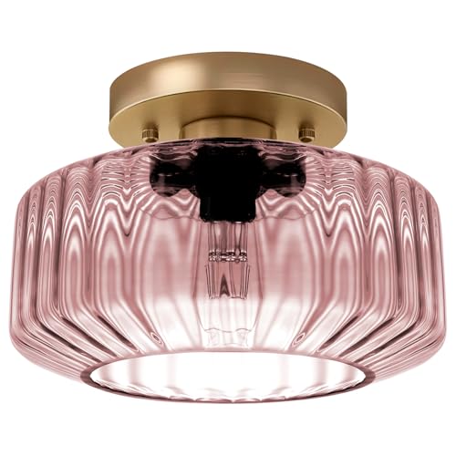 Pink Ribbed Glass Flush Mount Ceiling Light, 8.66" Modern Gold 1-Light Semi-Flush Mount Light Fixture, Mid-Century Round Ceiling Lamp for Bedroom Bathroom Hallway Entryway - color: Small, 8.66" Pink