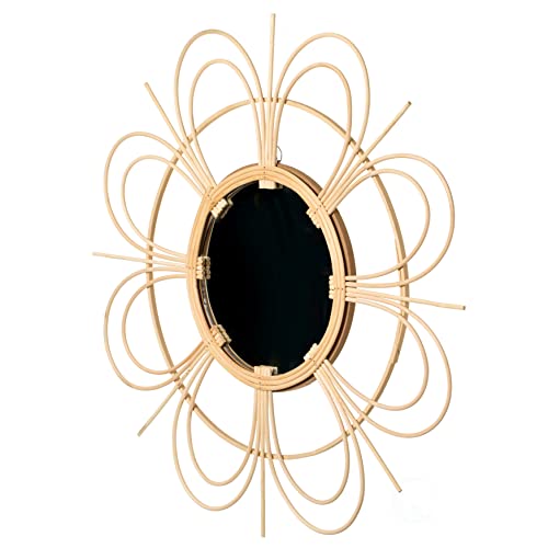 Vintiquewise Decorative Flower Shape Woven Rattan Wood Round Modern Hanging Wall Mirror - size: 2"L x 24"W