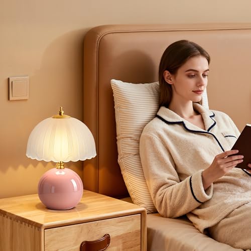 PARTPHONER Mushroom Table Lamp, Ceramic Bedside Lamp with Glass Shade, 3-Way Lighting (2700K-5000K) Rocker Switch, Small Nightstand Lamp for Bedroom, Living Room, Office, Pink - color: Pink