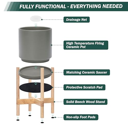 D'vine Dev Ceramic Planter with Natural Stand - 8 Inch Modern Round Flower Pot with Wood Planter Holder, Grey, 55-B-N-3 - color: Grey Pot + Natural Stand, size: 8 Inch