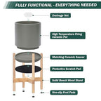 D'vine Dev Ceramic Planter with Natural Stand - 8 Inch Modern Round Flower Pot with Wood Planter Holder, Grey, 55-B-N-3 - color: Grey Pot + Natural Stand, size: 8 Inch