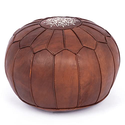 Marrakesh Gallery Genuine Leather Round Pouf Unstuffed - Moroccan Ottoman Footstool, Footrest Cover - Boho Decor - Bohemian Living Room, Bedroom, Kids Room, Gift & Wedding - color: Cognac