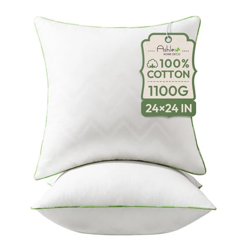 Ashler 24x24 Pillows Insert (Set of 2) - Throw Pillow Inserts with 100% Cotton Cover - 24 Inch Square Interior Sofa Stuffer Pillow Inserts -Decorative White Couch Pillow - size: 24x24 Inch
