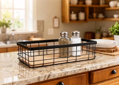 ShabbyDecor Small Metal Wire Basket Detachable Wood Base Storage Organizer Bathroom Counter Storage Organizer for Makeup, Perfume & Skincare，1 Pack in Black Color - color: Black, size: Small