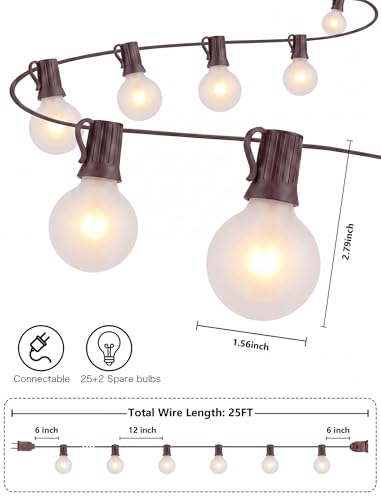 SUNSGNE 25Ft Outdoor Edison String Lights G40 Globe String Lights with 27 Frosted White Bulbs, Waterproof Connectable Hanging String Light for Christmas Patio House Backyard Balcony Party, Brown Wire - color: Frosted White-Brown, size: 25 Ft
