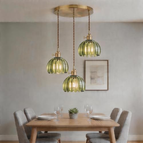 Green Tulip Glass Pendant Light, 3 Natural Light Bulbs Included, Adjustable Cord with Switch, Suitable for Kitchen Island/Dining Room - color: Green 3pcsTulip Pendant Light