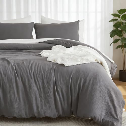 EMME Muslin Cotton Duvet Cover Set Dark Grey King Size Linen Like Soft Breathable Lightweight Summer Comforter Cover Set with Zipper Closure (Dark Grey, King, 104"x90") - color: 05 - Dark Grey, size: King(104"×90")