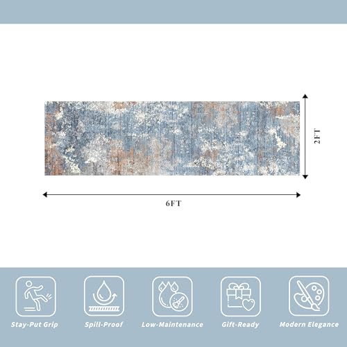 2x6 Non-Slip Washable Kitchen Runner Rug – Modern Abstract Carpet Runner for Hallway Bedroom Bathroom Laundry Room Entryway – Low-Pile Thin Rubber Backed（Blue Rust,2x6） - color: Blue Rust, size: 2' x 6' (Rectangular)