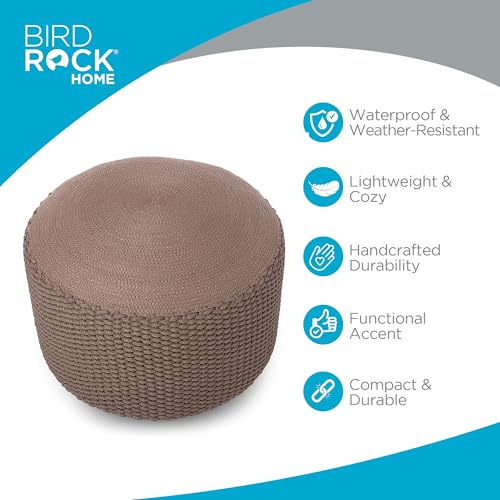BIRDROCK HOME Outdoor Pouf Ottoman | Hand Woven Waterproof Foot Stool with Bead Bag Filling | Boho Foot Rest for Patio, Living Room, Porch & Outdoor Seating | Lightweight, Soft Stuffed Chair | Brown - color: Brown
