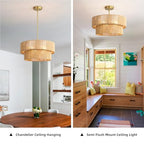 18'' Boho Rattan Chandelier Hand Woven Chandelier Light Fixture 3-Light Farmhouse Drum Pendant Light for Dining Room Bedroom Kitchen Hallway Foyer - color: 18" Rattan Gold