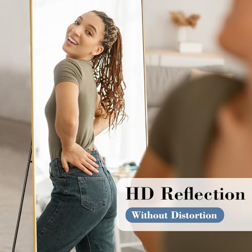 DUMOS 24"x65" Full Length Mirror with Stand, Floor Standing Aluminum Frame, Shatter-Proof Nano Glass for Bedroom, Living Room, Cloakroom – Modern Simple Home Decor,Can Be Hanging or Leaning, Gold - color: Rect-gold, size: 65"L x 24"W