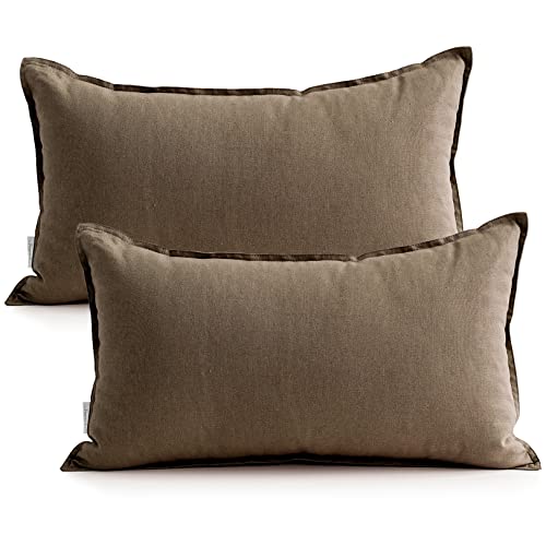 Jeanerlor Natural Cotton Linen Green Decorative 12"x20" Throw Pillow Case Cushion Cover with Twin Needles Stitch on Edge for Lumbar, (30 x 50cm), 2 Pcs, Khaki - color: Khaki, size: 20" x 12" (Pack of 2)