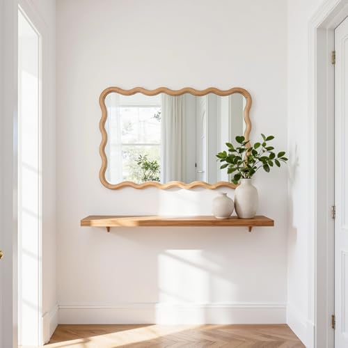 Bathroom Mirror for Wall,20x28 inch Large Irregular Wavy Wood Modern Boho Vanity Farmhouse Mirrors for Bedroom Living Room Entryway Hallway Fireplace - size: 28"L x 20"W