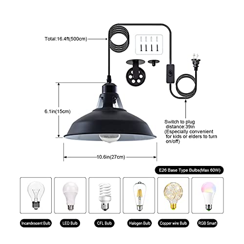 Plug in Pendant Light Industrial Pulley Pendant Lamp E26 Vintage Hanging Light Fixture With 16.4ft Cord On/Off Switch For Pool Table,Houseplant Grow lights,Kitchen Island,Sink 2 Pack Black - color: Black