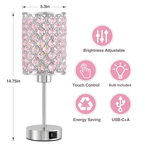 GyroVu Crystal Table Lamp, Pink Touch Lamp with USB C+A Ports, Dimmable Lamp with Crystal Shade, Bedside Lamp Small Lamp for Girl Bedroom, Living Room(Buld Included) - color: Pink, size: 14.75"