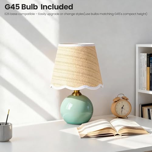 11.4" Scalloped Small Table Lamp, Green Ice Crackle Ceramic Bedside Lamp with Wavy Shade, 3-Color Dimmable LED Nightstand Light for Bedroom & Living Room, Aesthetic Home Decor, Bulb Included - color: Scalloped Fabric+Green Ceramic Base
