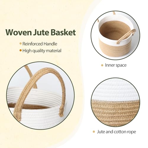 Woven Basket for Plant, 11"x11" Planter Basket for 10" Pot, Indoor Boho Artificial Tree Planter, Round 10 inch Flower Pot Cover, Rattan Holder with Handle for Plants, Jute Spliced Cotton Rope - color: White and Beige