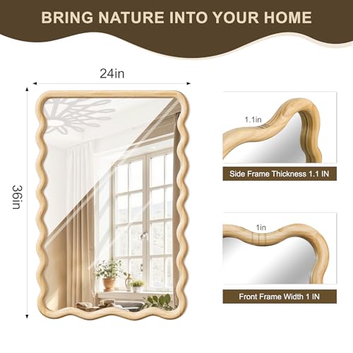 Wavy Mirror for Wall, 36"x24" Boho Bathroom Vanity Mirror with Wooden Frame, for Bedroom, Living Room, Entryway, Farmhouse - size: 36"L x 24"W