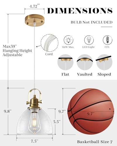 Gold Pendant Lights 2 Pack, 7.5 Inch Seeded Glass Pendant Light, Gold Farmhouse Pendant Light Kitchen Island, Glass Kitchen Pendant Lights for Kitchen Island, Dining Room, Living Room - color: Seeded Glass-Gold+Cord, size: 2-Pack