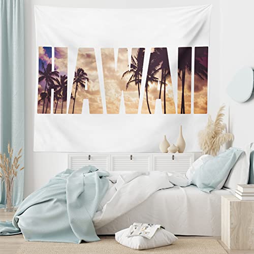 Ambesonne Hawaiian Tapestry, Tropic Silhouette Palm Trees at Sunset Cloudy Sky Hawaii Typography Skyscape, Wide Wall Hanging for Bedroom Living Room Dorm, 60" X 40", Brown Beige - color: Brown Beige, size: 60"L x 40"W