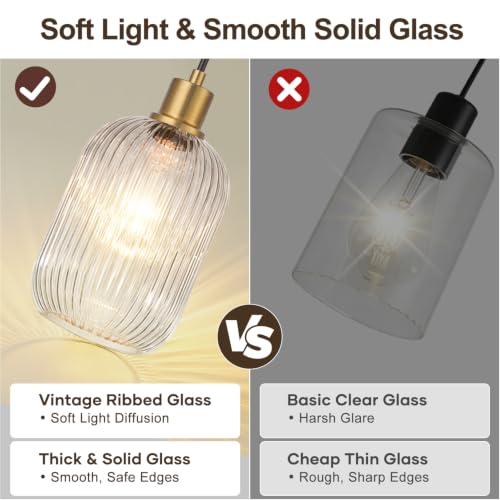 2 Pack Pendant Lights with Vintage Clear Ribbed Glass Lampshade, Adjustable Brushed Gold Pendant Lights Fixtures for Kitchen Island Lighting Sink, Dining & Living Room Hallway (Bulbs Not Included) - color: 2 Pack Brushed Gold + Clear Glass
