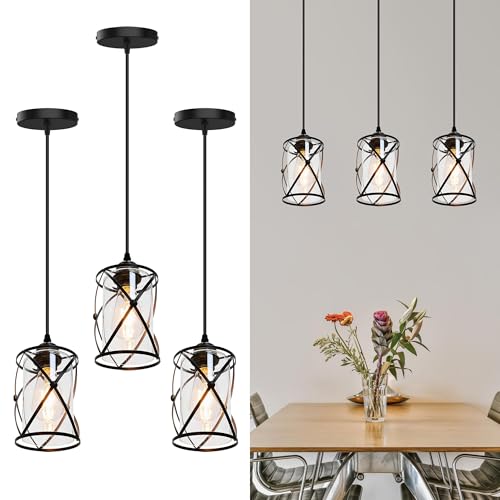 3 Light Pendant Lighting, Farmhouse Hanging Light Fixture for Kitchen Island & Dining Room, Industrial Vintage Ceiling Lamp with E26 Base, Adjustable Height, Matte Black with Glass Shades - color: X-Frame Glass Pendant - 1-Light (Black) - 3 Pack
