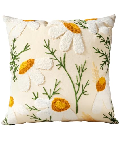 Embroidered Throw Pillow Cover - 20x20 Decorative Pillow Cover with Zipper Aesthetic Cute Design Boho Spring Summer Cozy Throw Pillowcase for Living Room Couch Sofa Bed, Daisy - color: Daisy, size: 20" x 20" (Pack of 1)
