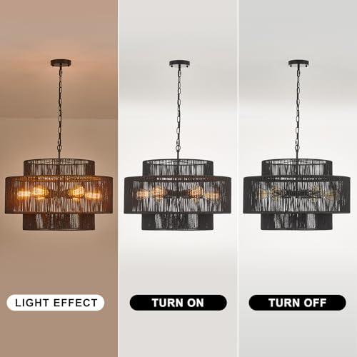 23.6" Black Rattan Chandelier, 6-Light Hand-Woven Boho Light Fixture, 3-Tier Drum Wicker Chandelier for Dining Room, Bedroom, Kitchen Island, Foyer - color: black 23.6"