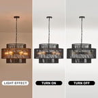 23.6" Black Rattan Chandelier, 6-Light Hand-Woven Boho Light Fixture, 3-Tier Drum Wicker Chandelier for Dining Room, Bedroom, Kitchen Island, Foyer - color: black 23.6"