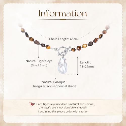 Beaded Necklaces for Women with Baroque Pearl, Turquoise Amethyst Lapis lazuli Tiger Eye Handmade Boho Bead Choker Necklace, Natural Stone Summer Jewelry Birthday Mother Gift for Women - color: Tiger Eye Stone