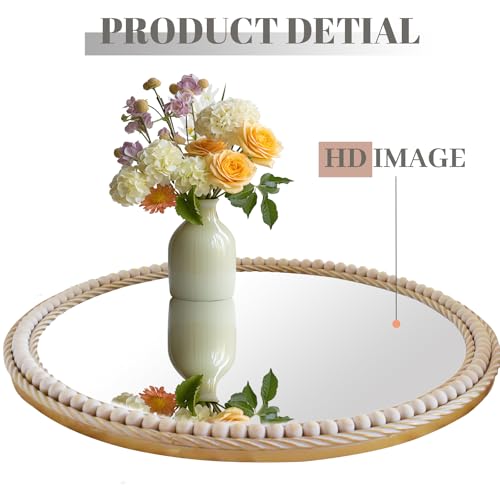 Gluck Plants Gold Round Mirror - 24" Rustic Beaded Farmhouse Decorative Accent Mirror for Bathroom, Living Room, Bedroom, Fireplace, Hallway