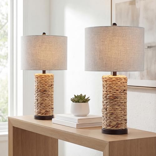 JONATHAN Y 25" Natural Coastal Water Hyacinth Table Lamp Set of 2, Bedside Lamp with Light Grey Linen Shade, Boho Farmhouse Decor for Living Room Nightstand, LED Bulbs JYL6502A-SET2 - color: Natural