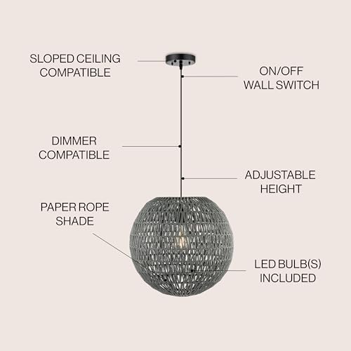 JONATHAN Y 16" Grey/Black Modern Bohemian Woven LED Pendant Light, Adjustable Hanging Ceiling Lamp for Kitchen Island Dining Room, Paper Wicker Shade, Bulb Included (JYL6503D) - color: Gray