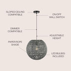 JONATHAN Y 16" Grey/Black Modern Bohemian Woven LED Pendant Light, Adjustable Hanging Ceiling Lamp for Kitchen Island Dining Room, Paper Wicker Shade, Bulb Included (JYL6503D) - color: Gray