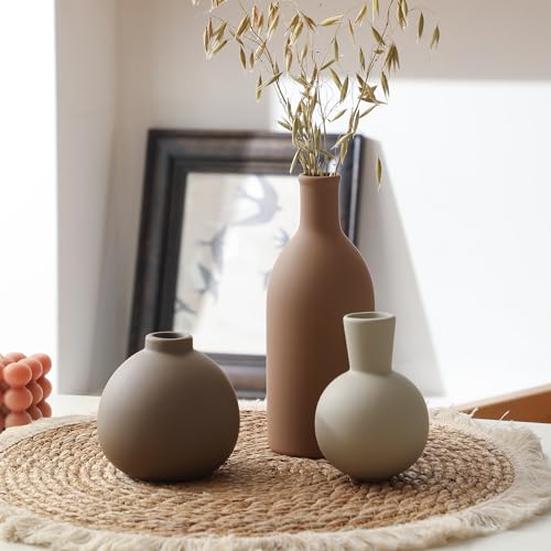 Ceramic Vase Set of 3, Vases Home Decor Rustic Farmhouse Decorative Vase Pottery Vases for Bouquet Pampas Grass Dried Fresh Flowers, Table Living Room Kitchen Bedroom Bathroom - Brown - color: 001-brown