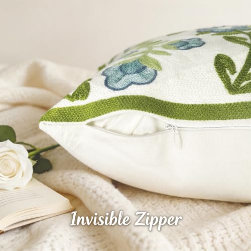 Alysheer Floral Embroidered Summer Decorative Throw Pillow Covers 18"x 18" Set of 2, Farmhouse Blue Flowers Green Vines Patterned Cotton Cushion Cases for Couch Bed Living Room Cottage Decor - color: Blue, size: 18" x 18" (Pack of 2)