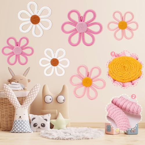 UwinVwin 6 Pcs Boho Daisy Wall Hanging, Woven Macrame Flower Decor, Bohemian Wall Art for Living Room, Bedroom, Home - color: 6 Pcs