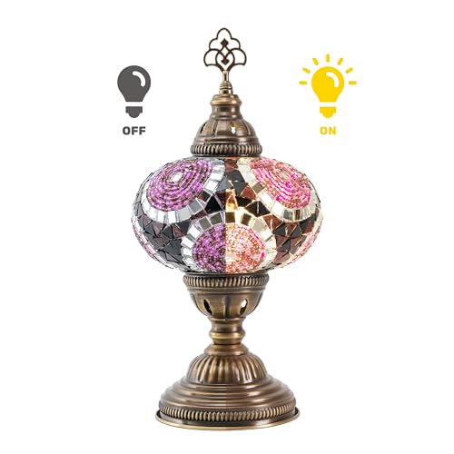Turkish Lamp, Mosaic Table Lamp, Antique Moroccan Decorative Glass Bohemian Vintage Lamp Shade, Small Desk Tiffany Bedside Stained Glass Lamp with US Plug and E12 Socket - color: Purple-12