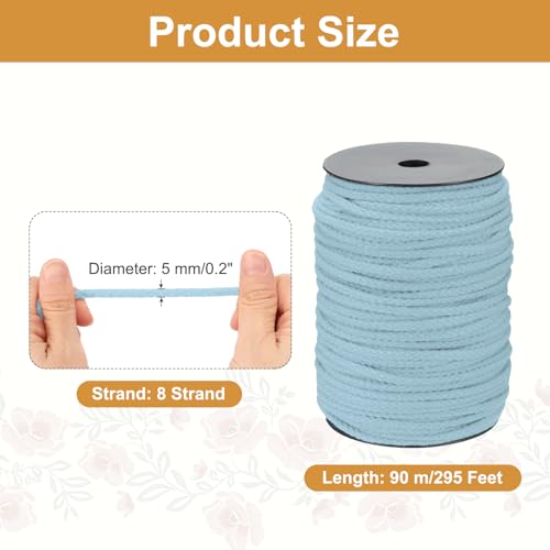MECCANIXITY Macrame Cord 5mm x 295 ft Handmade Natural Cotton Rope, 8 Strand Twisted Braided Rope Cord for Plant Hanger Wall Hanging Dream Catcher Crafts Home Decoration, Light Blue - color: Light Blue