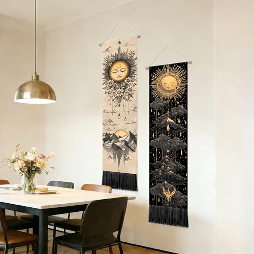 seewan 2 Pack Long Vertical Wall Tapestry, Boho Nature Landscape & Floral Aesthetic Wall Hanging for Bedroom Living Room Home Decor, Long Narrow Art Tapestry with Sunrise Mountain Botanical Designs, 13" × 51" (Celestial Sun Motif, 13"Wx51"H, Unframed) - c