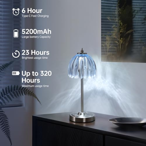 Shenmoyl Rechargeable Table Lamp with 5200mAh Battery & Touch Control - 3 Adjustable Color Temperatures, Cordless Dimmable Table Light for Bedroom, Office Desk, Nightstand(Clear Light Blue,1 Pack) - color: Clear Light Blue, size: 1 Pack